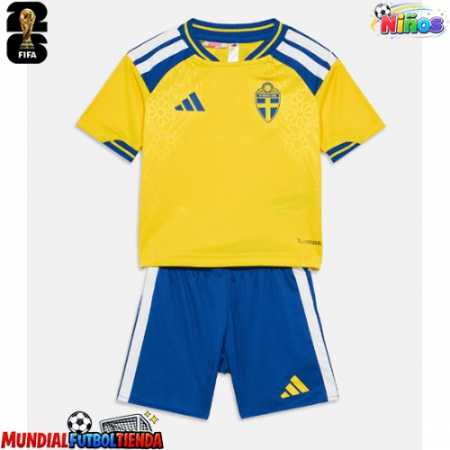Camiseta Suecia Primera Equipación Replica Mundial 2026 para niños mangas cortas (+ Pantalones cortos)